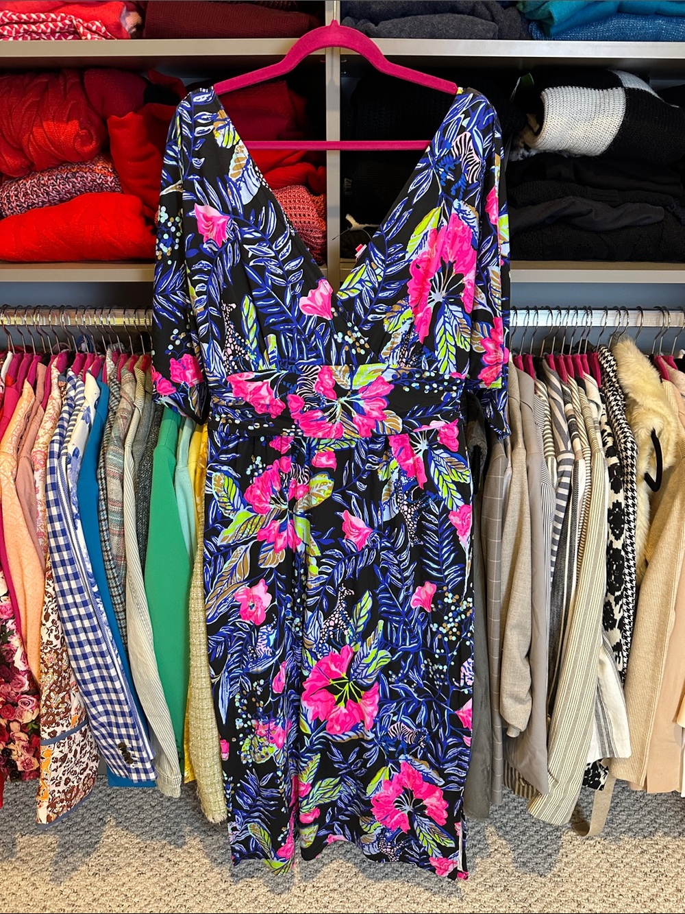 Lily Pulitzer black/pink/blue floral 3/4 sleeve midi dress size L NWOT